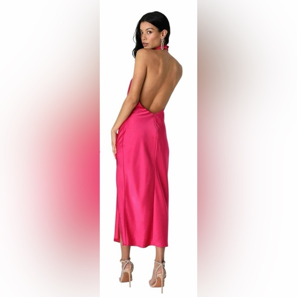 Lulus NWT Women’s “Beyond Classy” Hot Pink Satin Halter Midi Dress. Size Medium. - Picture 3 of 16